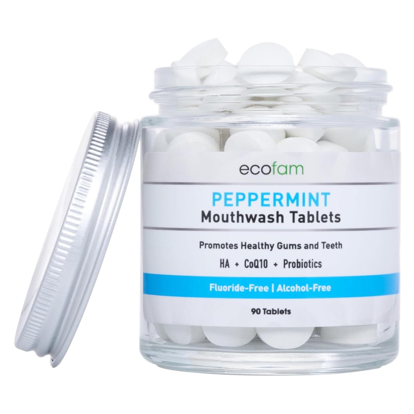 ECOFAM Peppermint Mouthwash Tablets - Fluoride Free, Alcohol Free, Travel Size (90 Tablets)