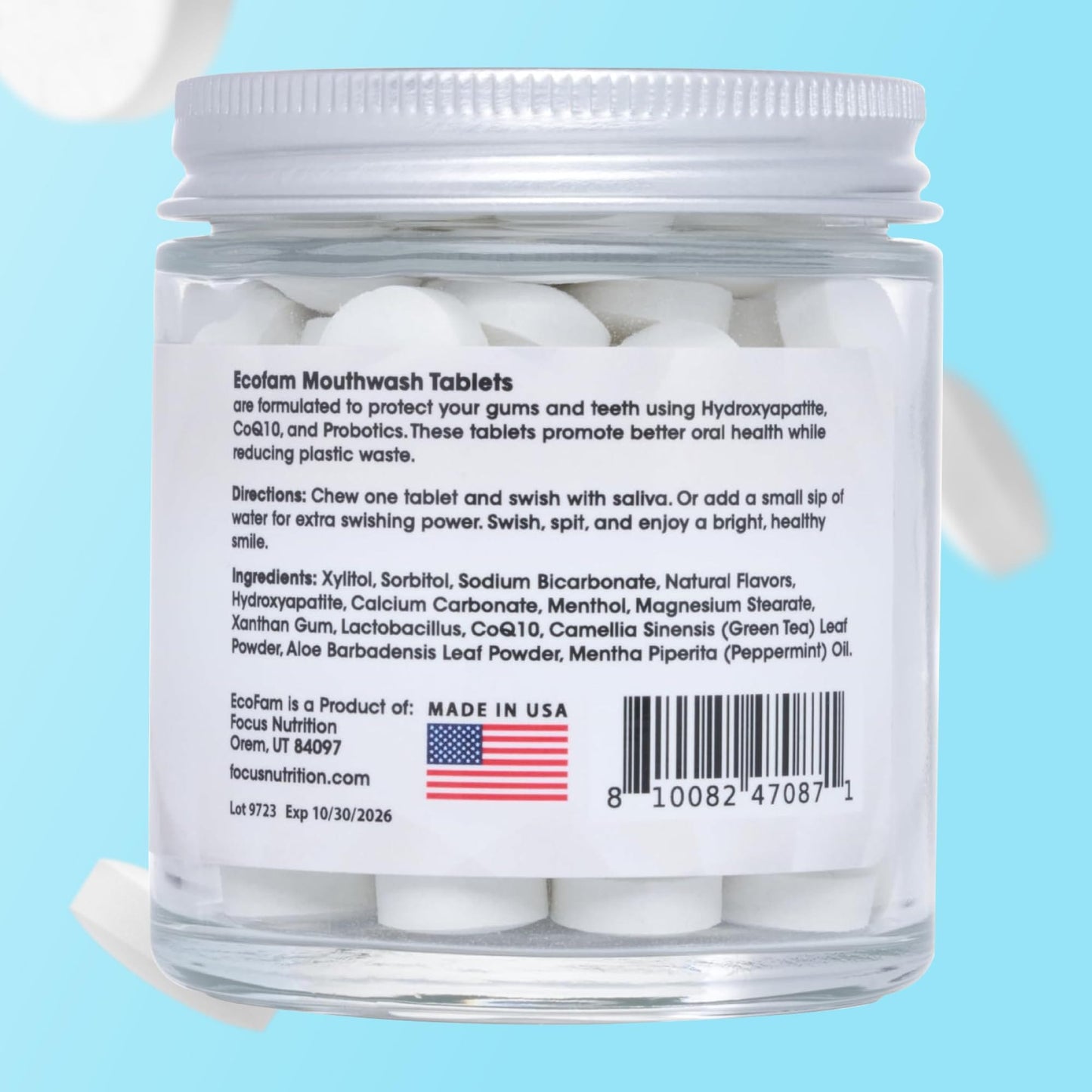 ECOFAM Peppermint Mouthwash Tablets - Fluoride Free, Alcohol Free, Travel Size (90 Tablets)