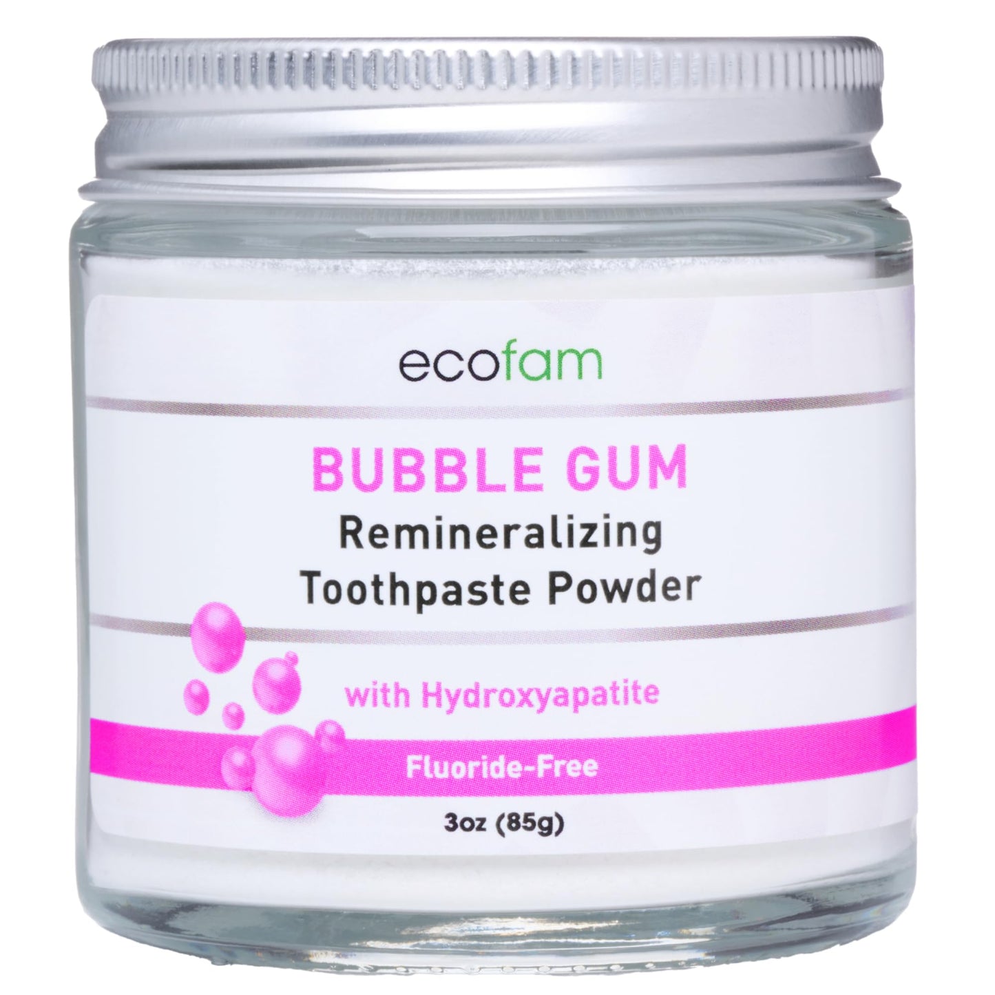 Ecofam Toothpaste Powder – Remineralizing with Hydroxyapatite & Xylitol, Fluoride Free, Bubble Gum