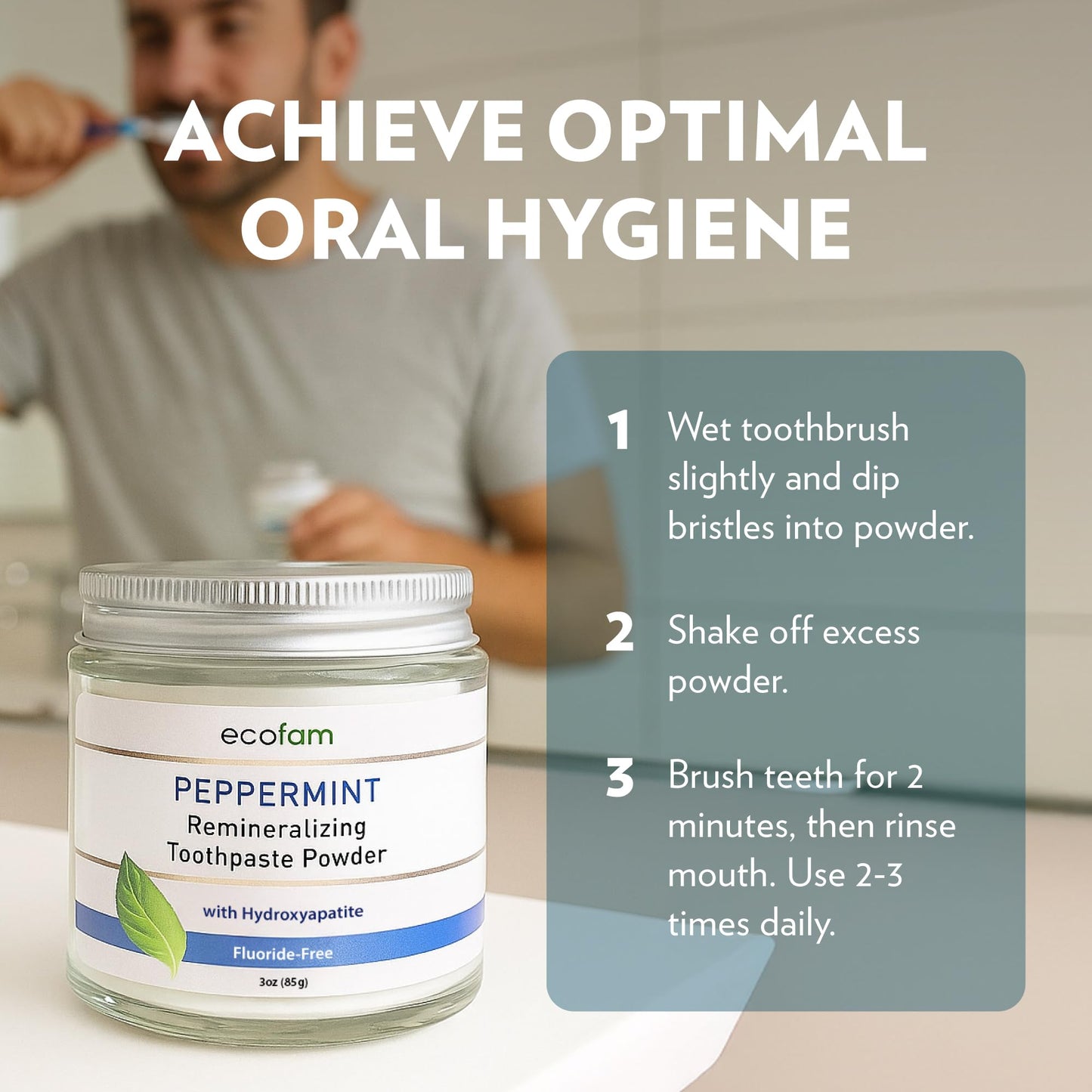 Ecofam Toothpaste Powder - Remineralizing Enamel Support, Hydroxyapatite & Xylitol, Fluoride Free, Peppermint