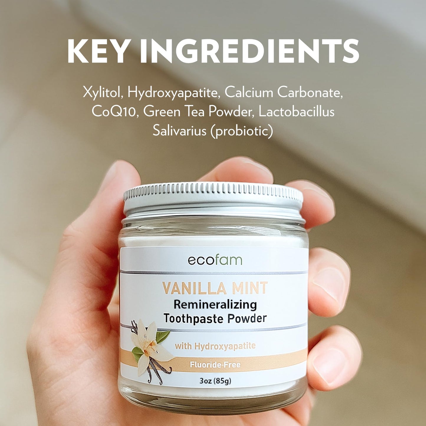 Ecofam Toothpaste Powder – Remineralizing with Hydroxyapatite & Xylitol | Fluoride Free – Vanilla Mint