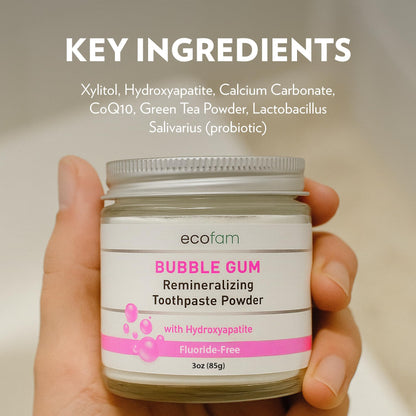 Ecofam Toothpaste Powder – Remineralizing with Hydroxyapatite & Xylitol, Fluoride Free, Bubble Gum