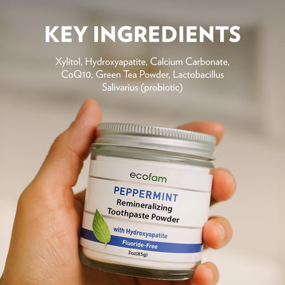 Ecofam Toothpaste Powder - Remineralizing Enamel Support, Hydroxyapatite & Xylitol, Fluoride Free, Peppermint