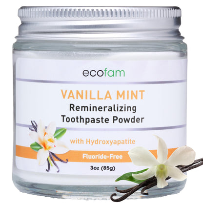 Ecofam Toothpaste Powder – Remineralizing with Hydroxyapatite & Xylitol | Fluoride Free – Vanilla Mint
