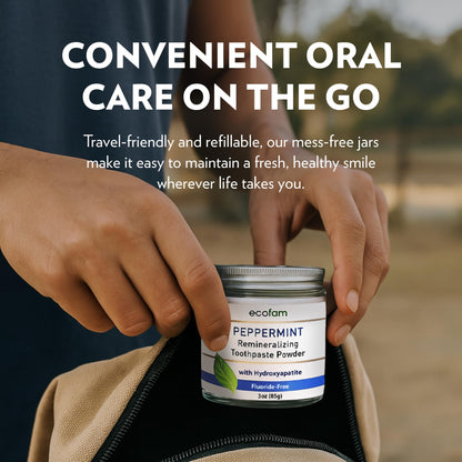 Ecofam Toothpaste Powder - Remineralizing Enamel Support, Hydroxyapatite & Xylitol, Fluoride Free, Peppermint
