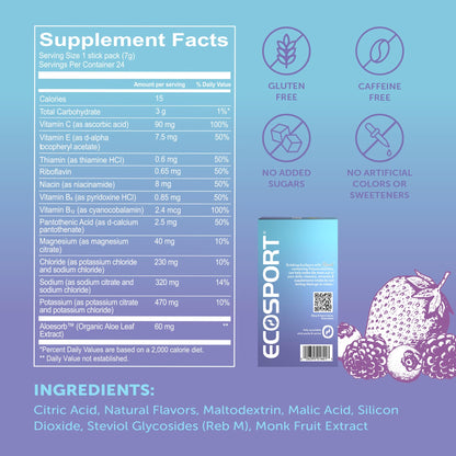 Lily of the Desert EcoSport Hydration Packets – Blueberry Acai, 24 Count, 0.25 oz Each