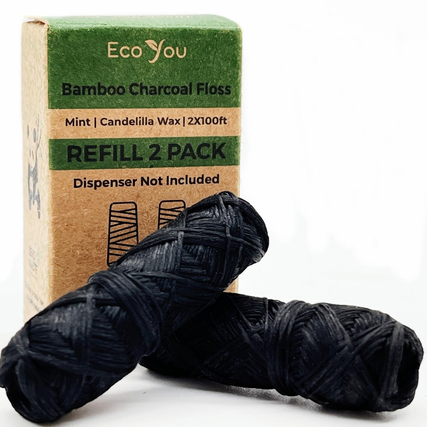 EcoYou Bamboo Charcoal Dental Floss - Mint & Candelilla Wax - Vegan & Biodegradable (2 Refills Pack)