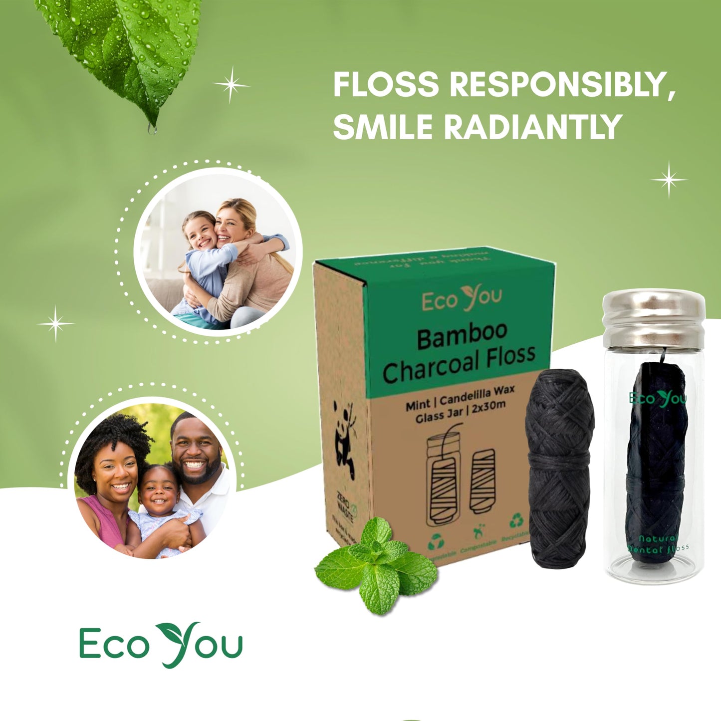 EcoYou Charcoal Bamboo Floss – 2 Refill Spools + Glass Container | Vegan & Biodegradable