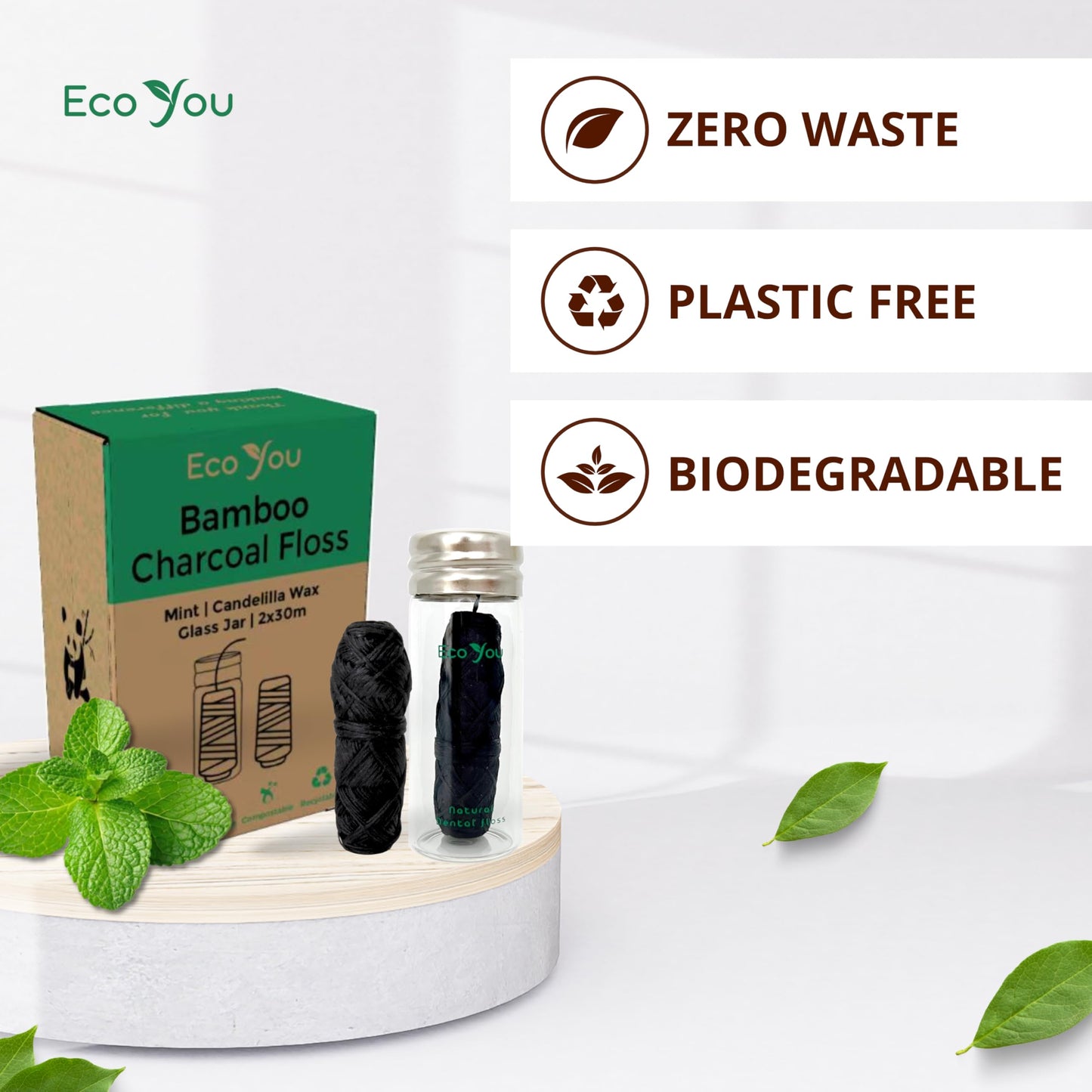EcoYou Charcoal Bamboo Floss – 2 Refill Spools + Glass Container | Vegan & Biodegradable