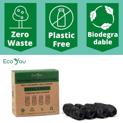 EcoYou Bamboo Charcoal Dental Floss - Mint & Candelilla Wax | Vegan & Biodegradable (4 Refills Pack) | PFAS Free