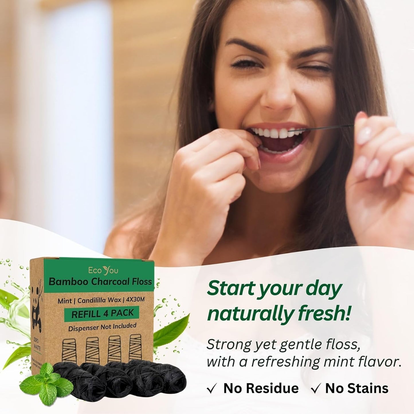 EcoYou Charcoal Bamboo Floss | 2 Spools + Stainless Steel Container | Vegan & Biodegradable