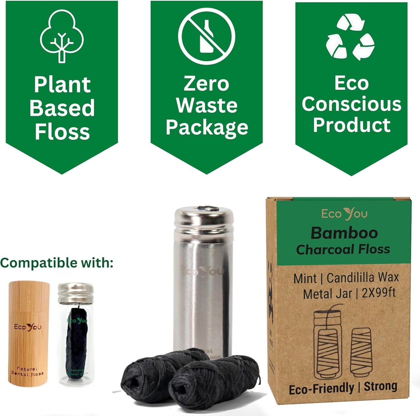 EcoYou Charcoal Bamboo Floss | 2 Spools + Stainless Steel Container | Vegan & Biodegradable