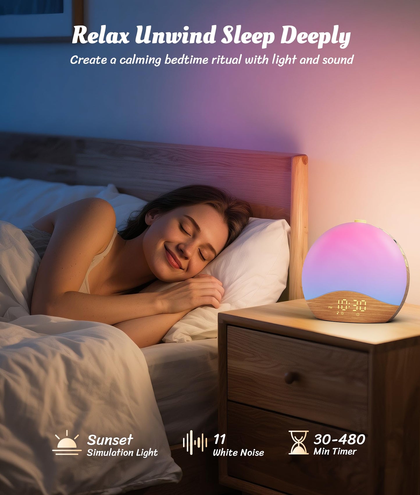 ecozy Wood Grain Sunrise Alarm Clock with 26 Sounds, 17 Night Lights, Bluetooth