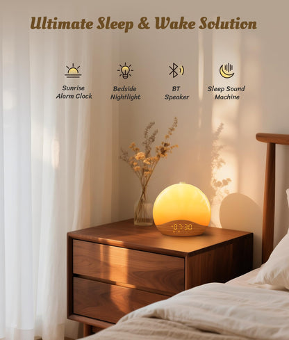 ecozy Wood Grain Sunrise Alarm Clock with 26 Sounds, 17 Night Lights, Bluetooth