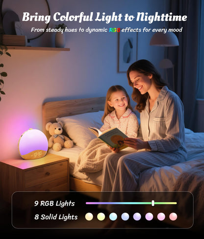 ecozy Wood Grain Sunrise Alarm Clock with 26 Sounds, 17 Night Lights, Bluetooth
