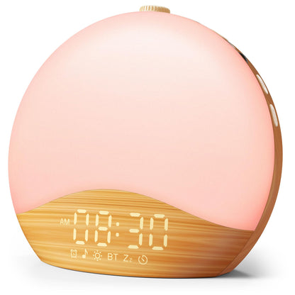 ecozy Wood Grain Sunrise Alarm Clock with 26 Sounds, 17 Night Lights, Bluetooth