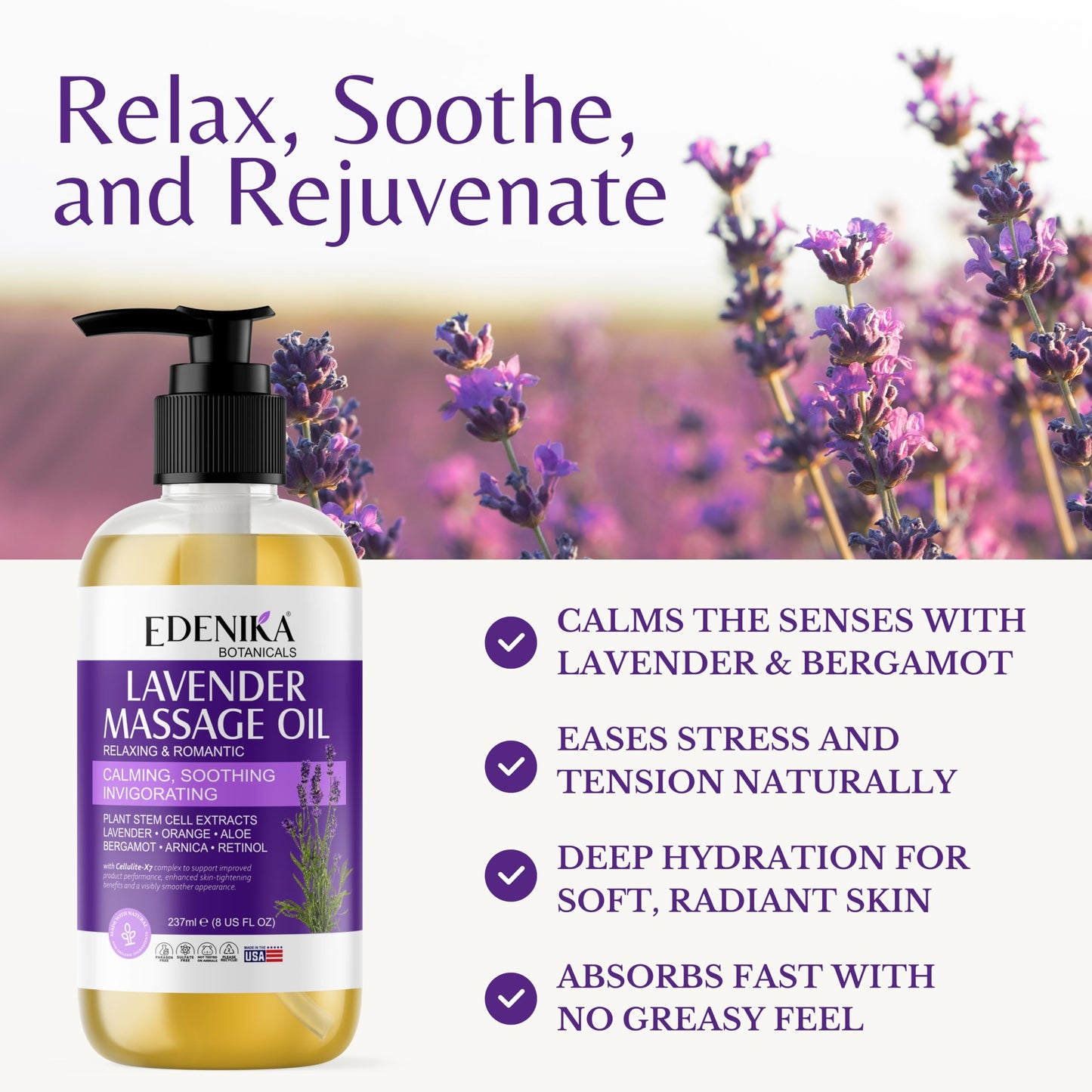Edenika Botanicals Lavender Massage Oil – Relaxing Aromatherapy & Fast-Absorbing Massage Oil (2-Pack)