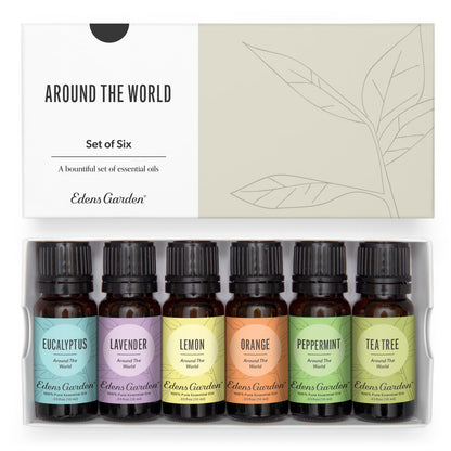 Edens Garden Around The World 6 Set – 100% Pure Therapeutic Grade Essential Oils (Eucalyptus, Lavender, Lemon, Orange, Peppermint, Tea Tree) 10 ml