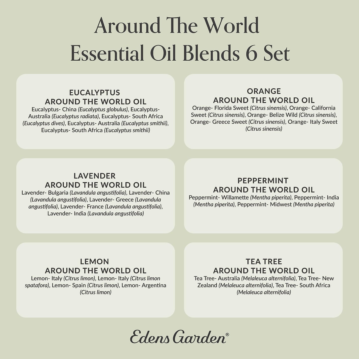 Edens Garden Around The World 6 Set – 100% Pure Therapeutic Grade Essential Oils (Eucalyptus, Lavender, Lemon, Orange, Peppermint, Tea Tree) 10 ml