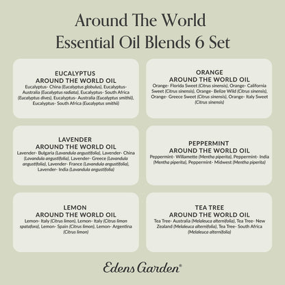 Edens Garden Around The World 6 Set – 100% Pure Therapeutic Grade Essential Oils (Eucalyptus, Lavender, Lemon, Orange, Peppermint, Tea Tree) 10 ml