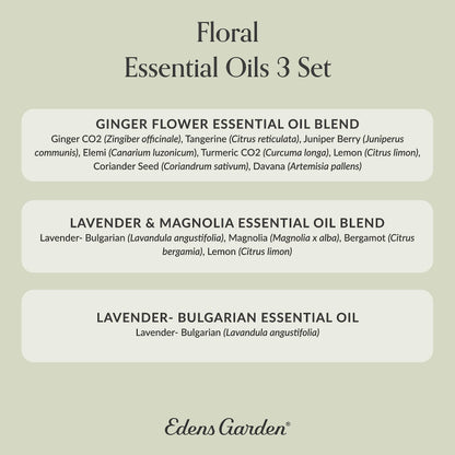 Edens Garden Floral Essential Oils Set – Ginger Flower, Lavender & Magnolia (10 ml each)