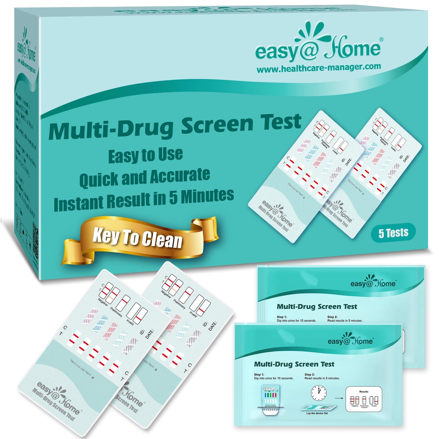 Easy@Home Multi-Drug Screen Test – 5 Pack Urine Drug Tests Kit (BZO/COC/THC/MET/MOR/OXY/BAR/BUP/MTD/TCA) | Instant Marijuana Test #EDOAP-7104