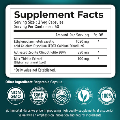 Immortal Herbs Calcium Disodium EDTA Capsules 1500mg with Zeolite Clinoptilolite & Milk Thistle – 120 Vegan, Non-GMO, Gluten Free