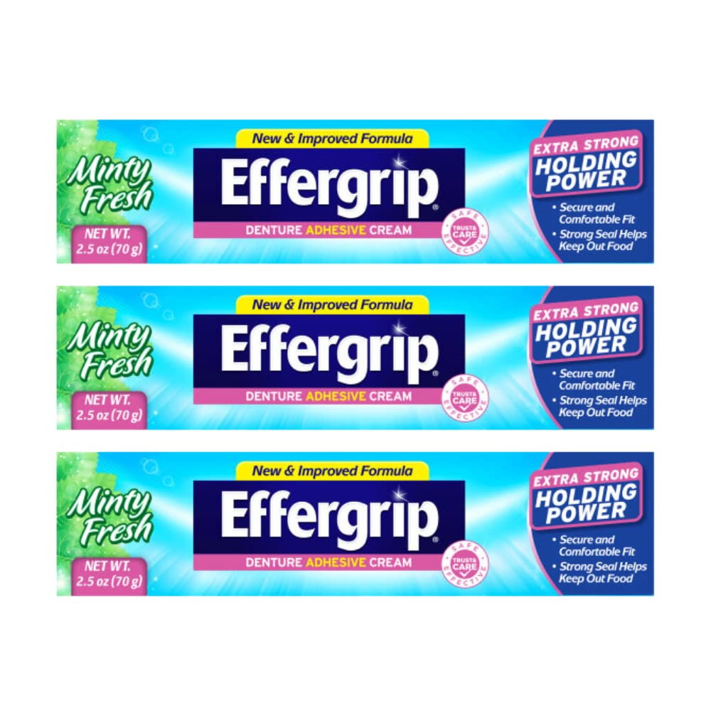 Effergrip Denture Adhesive Cream – Extra Strong Holding Power, Zinc-Free, 2.5 oz (Pack of 3)