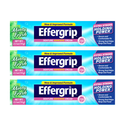 Effergrip Denture Adhesive Cream – Extra Strong Holding Power, Zinc-Free, 2.5 oz (Pack of 3)