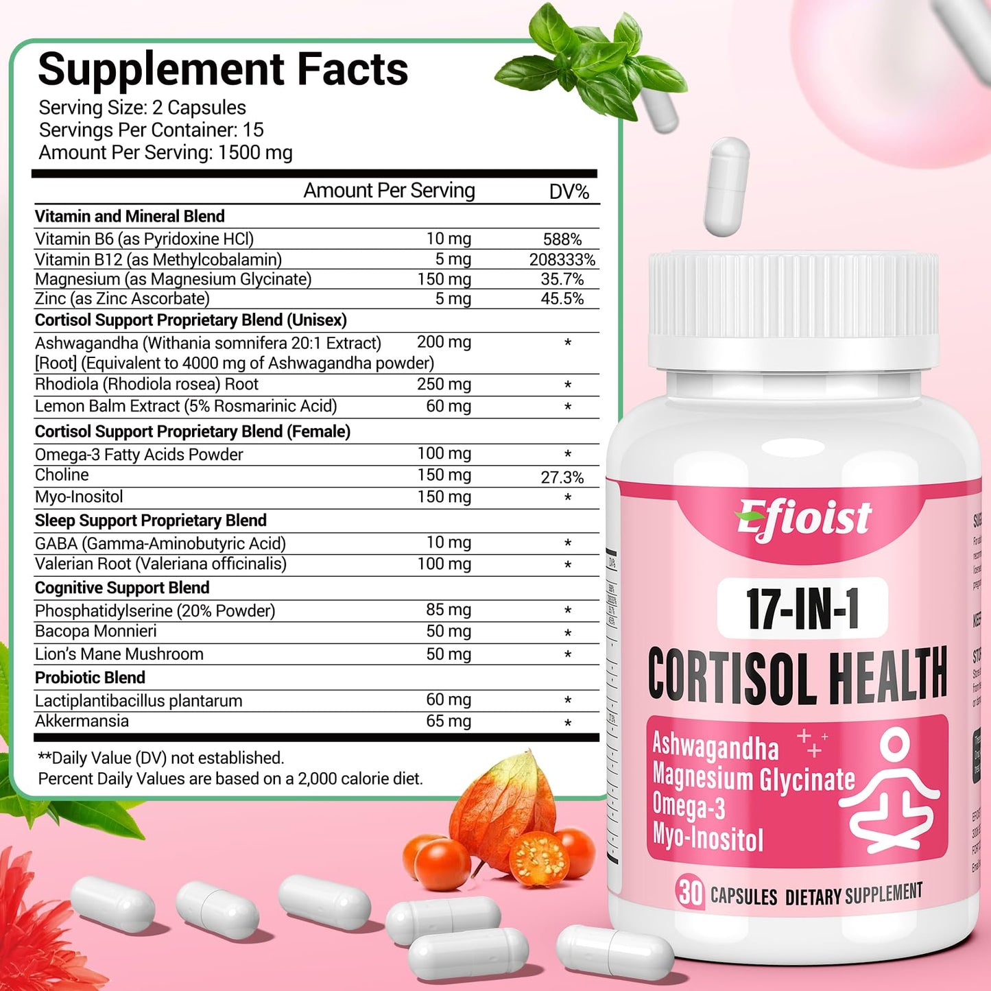 Efioist Cortisol Supplement for Women - 17-in-1 Hormone Harmony, Mood, Sleep & Focus | 30 Capsules
