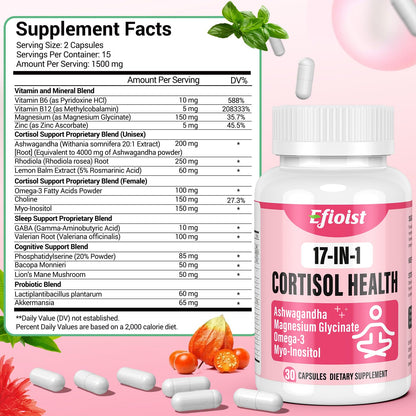 Efioist Cortisol Supplement for Women - 17-in-1 Hormone Harmony, Mood, Sleep & Focus | 30 Capsules