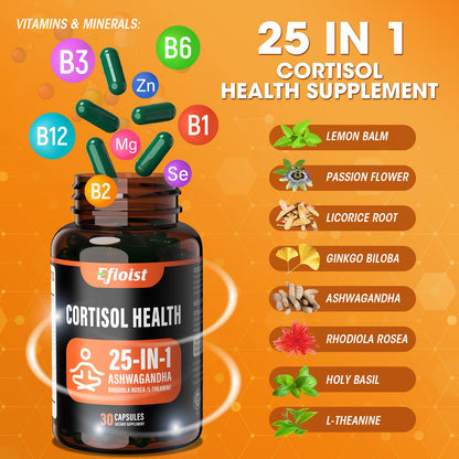 Efioist Cortisol Supplement for Women & Men – 25-in-1 Ashwagandha, Rhodiola, L-Theanine, Mood, Focus & Sleep Support | 30 Capsules