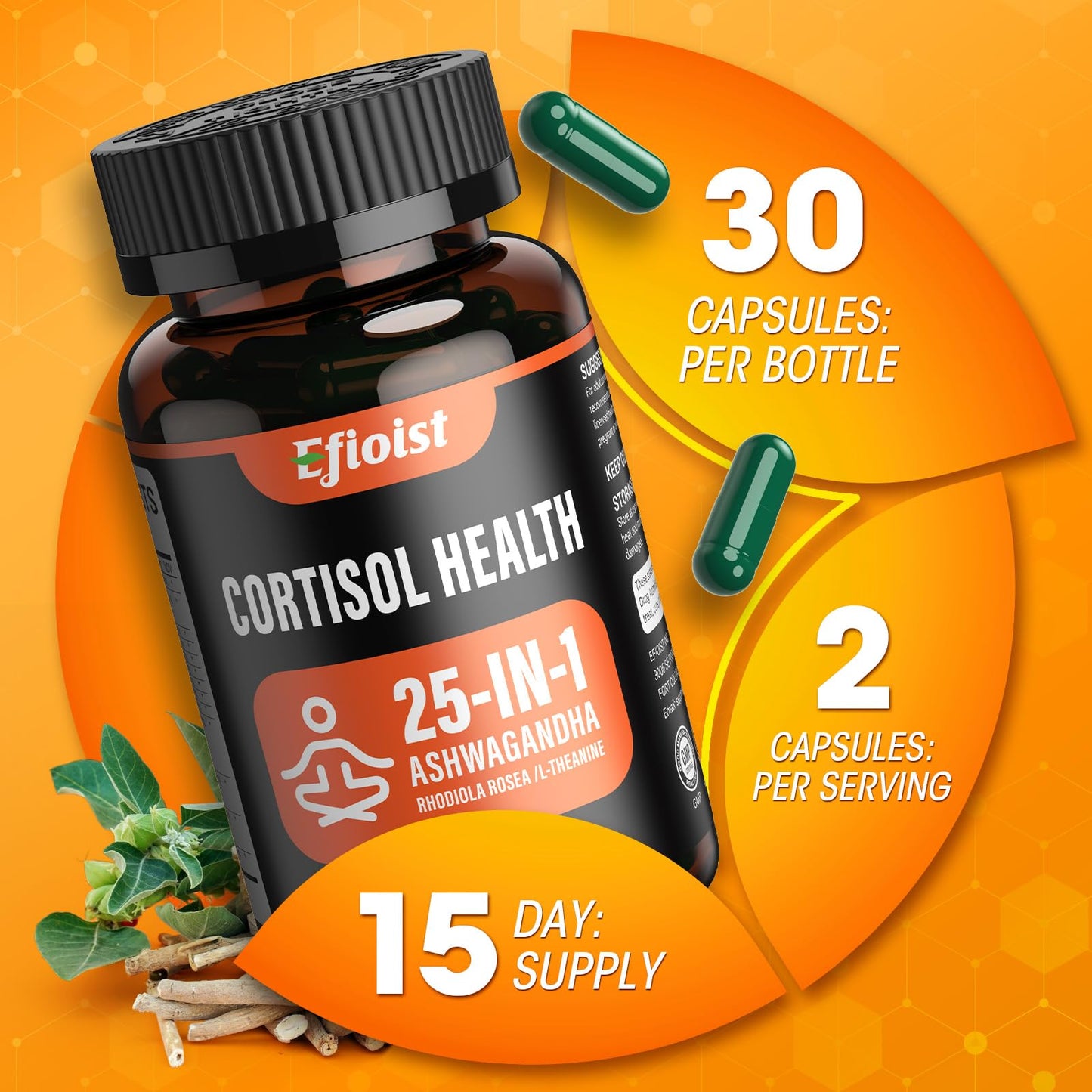 Efioist Cortisol Supplement for Women & Men – 25-in-1 Ashwagandha, Rhodiola, L-Theanine, Mood, Focus & Sleep Support | 30 Capsules