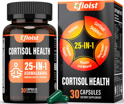 Efioist Cortisol Supplement for Women & Men – 25-in-1 Ashwagandha, Rhodiola, L-Theanine, Mood, Focus & Sleep Support | 30 Capsules