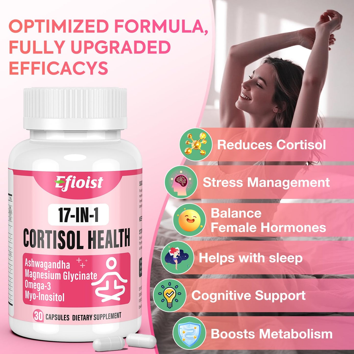 Efioist Cortisol Supplement for Women - 17-in-1 Hormone Harmony, Mood, Sleep & Focus | 30 Capsules