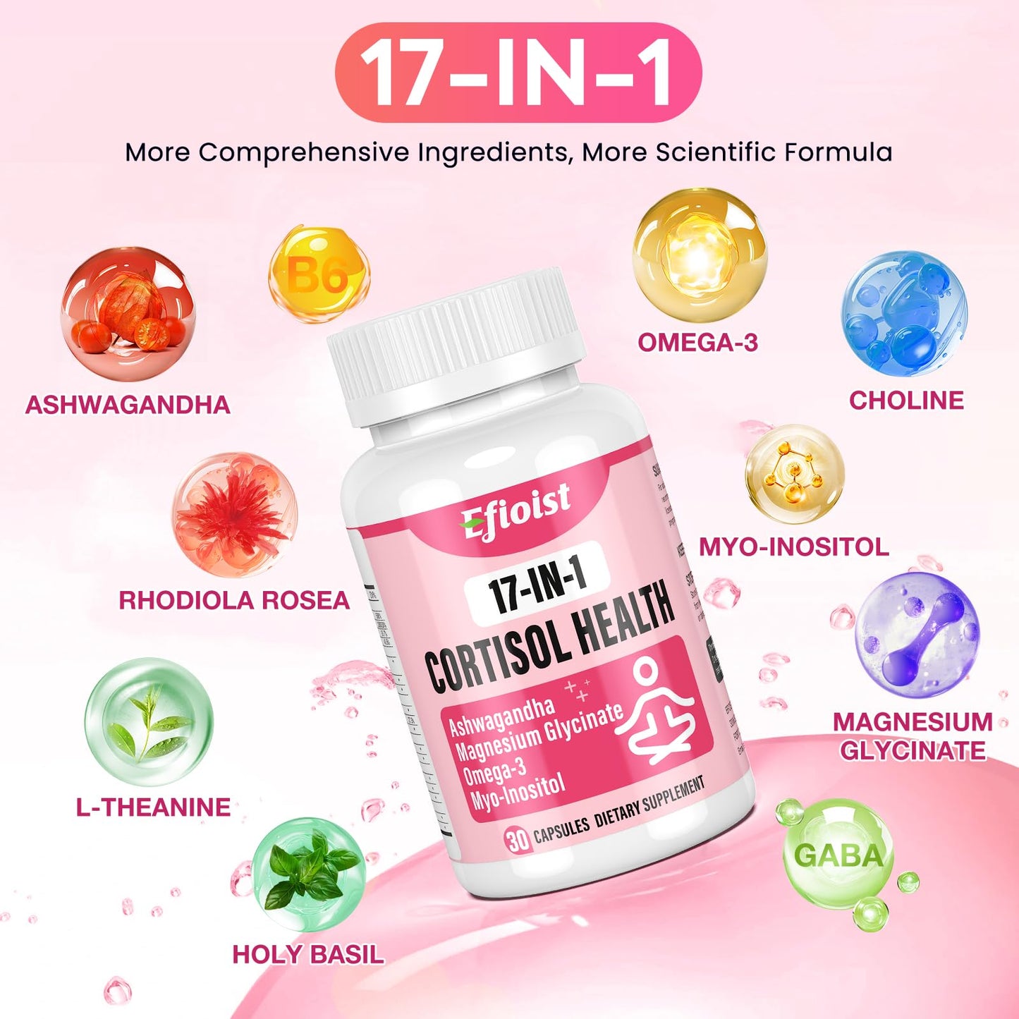 Efioist Cortisol Supplement for Women - 17-in-1 Hormone Harmony, Mood, Sleep & Focus | 30 Capsules