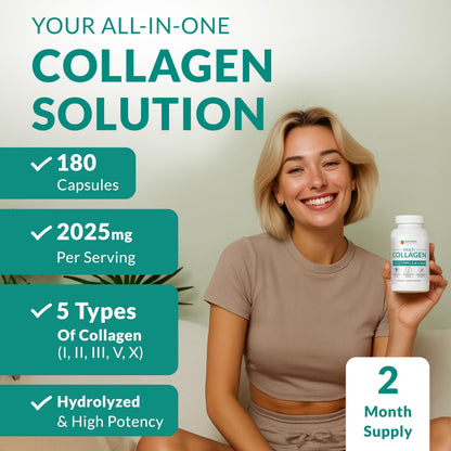 Multi Collagen 180 Capsules – Type I II III IV V X – 2025mg per Serving