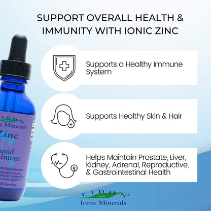 Eidon Ionic Minerals Liquid Zinc Concentrate – Zinc Drops for Immune Support, Hair & Skin Health, Liver & Kidney Health | 2 oz