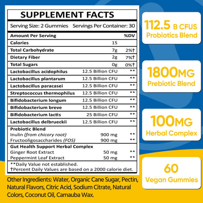 Gut Health Probiotic Gummies – 112.5B CFU, Sugar Free, 8 Strains + Prebiotics & Herbs – 60 Gummies