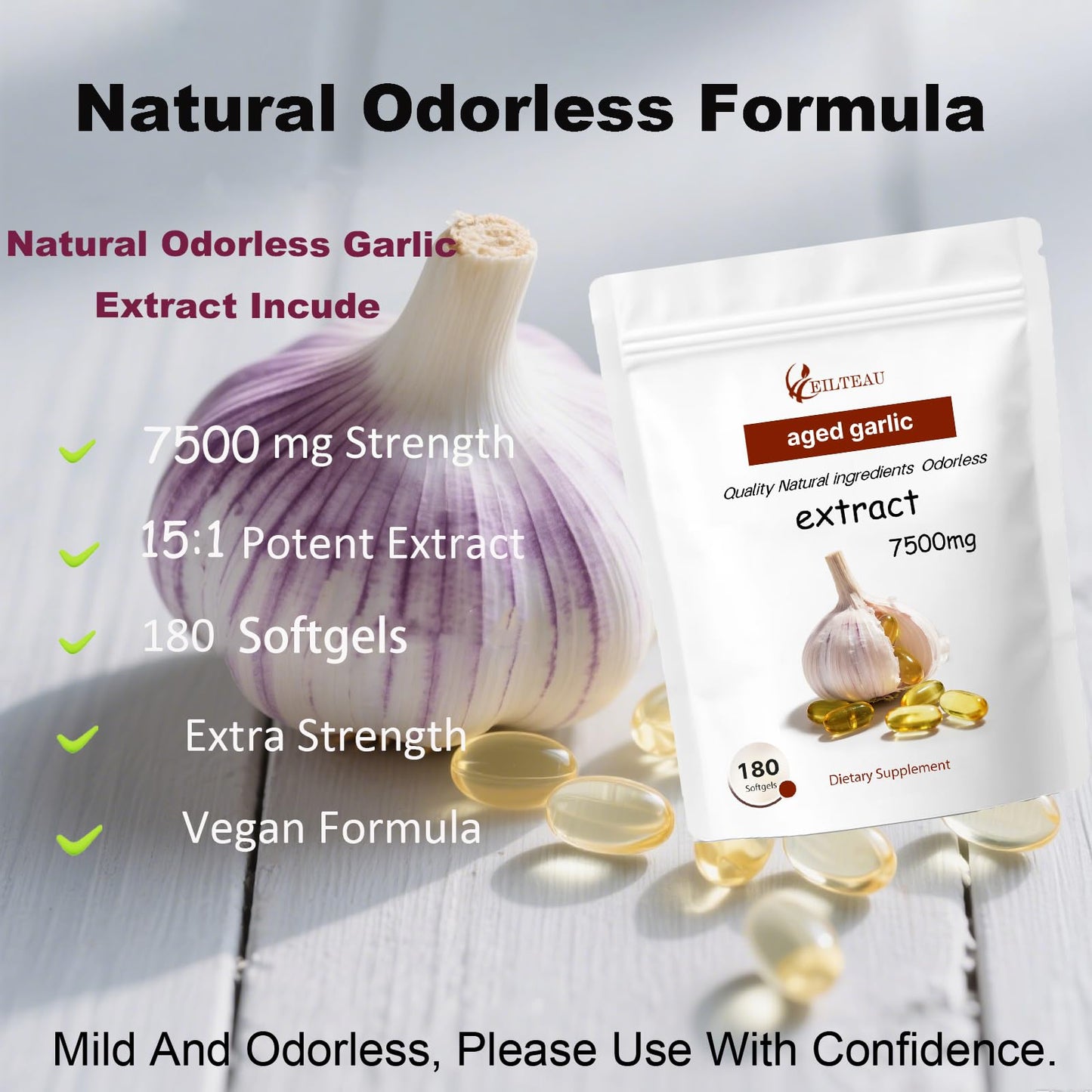 EILTEAU Aged Garlic Extract - Odorless 7500mg, 180 Softgels | Non-GMO & Gluten-Free | Immune Support