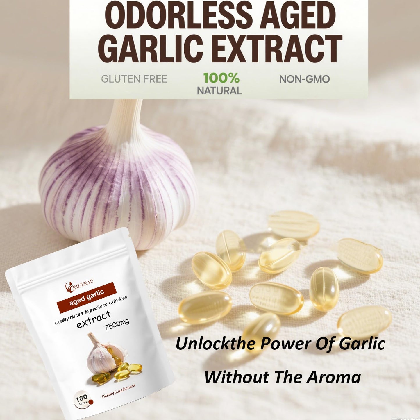 EILTEAU Aged Garlic Extract - Odorless 7500mg, 180 Softgels | Non-GMO & Gluten-Free | Immune Support