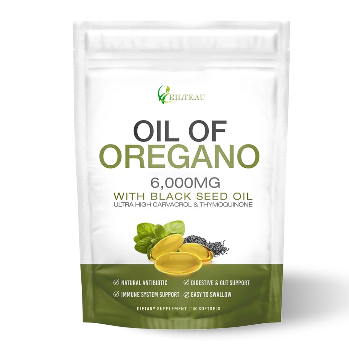 EILTEAU Oil of Oregano with Black Seed Oil - 6000mg Oregano Oil Capsules | Non-GMO, Gluten Free