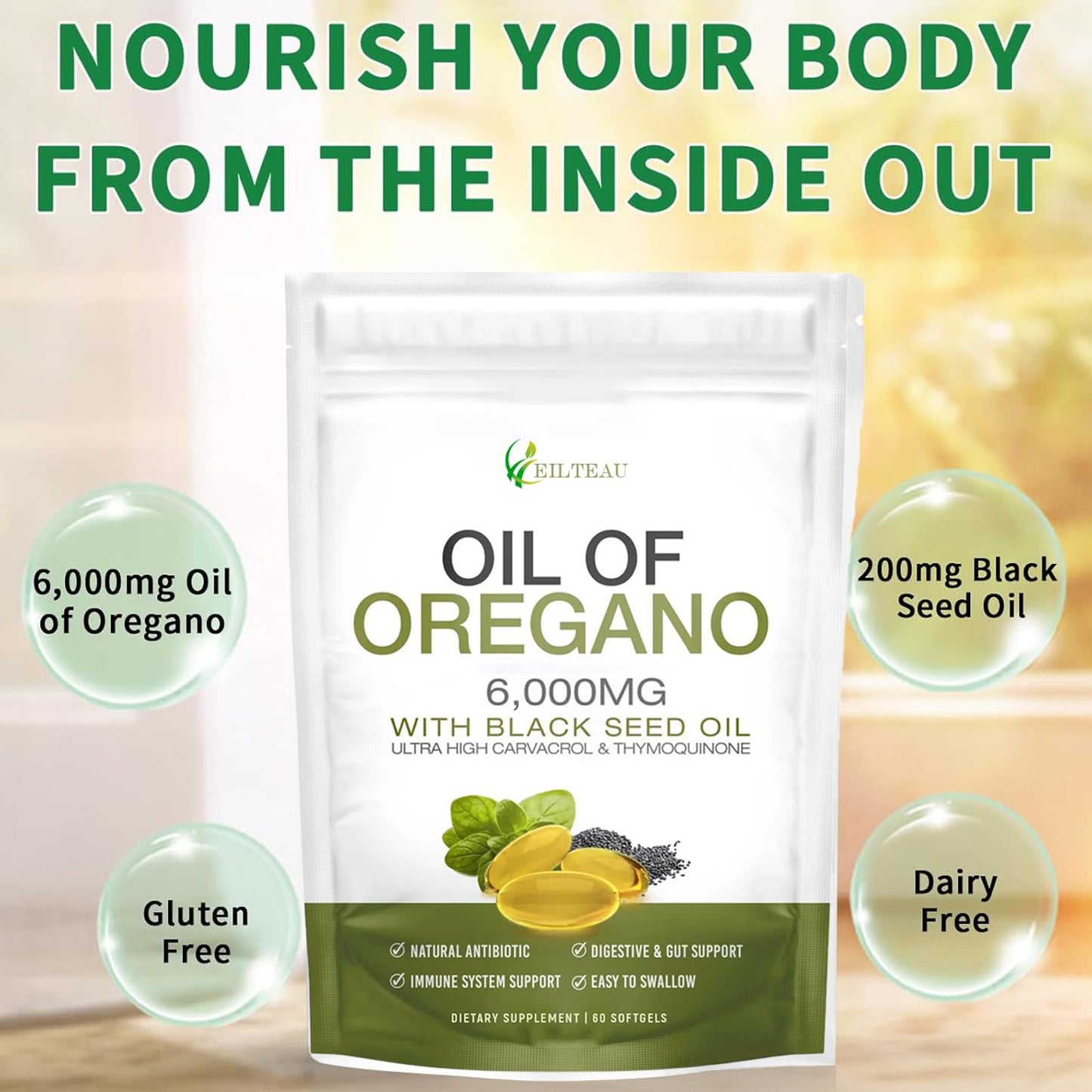 EILTEAU Oil of Oregano with Black Seed Oil - 6000mg Oregano Oil Capsules | Non-GMO, Gluten Free