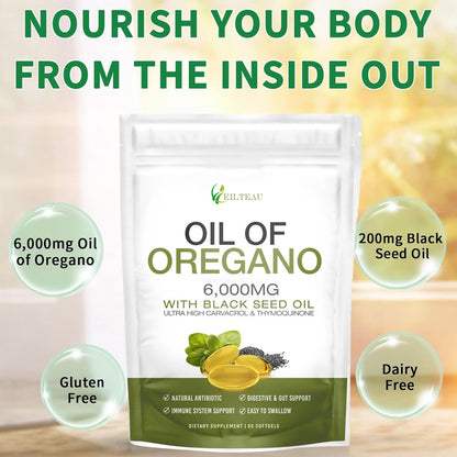 EILTEAU Oil of Oregano with Black Seed Oil - 6000mg Oregano Oil Capsules | Non-GMO, Gluten Free