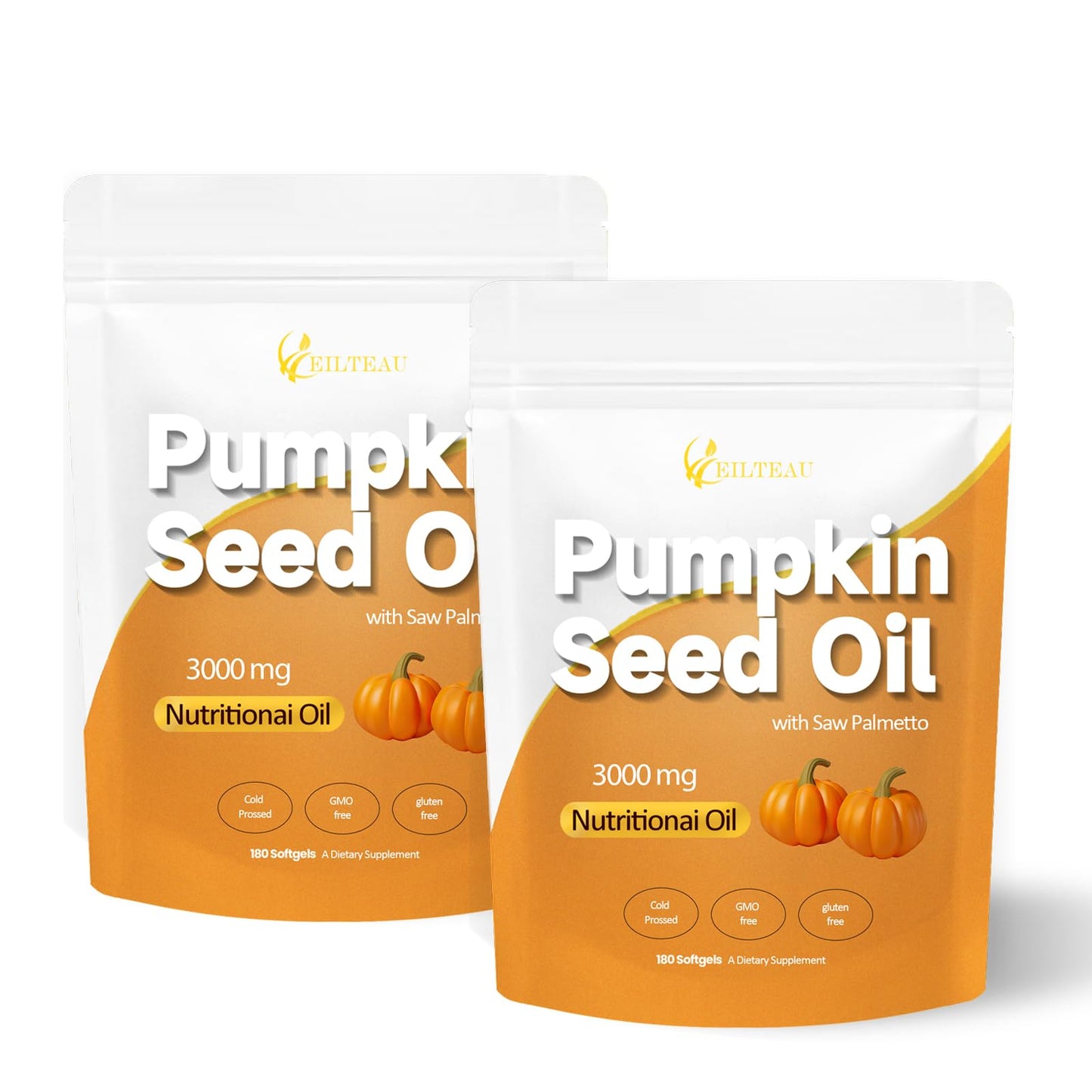 EILTEAU Pumpkin Seed Oil with Saw Palmetto - 3000mg per Serving, Cold Pressed, 180 Softgels | Non-GMO