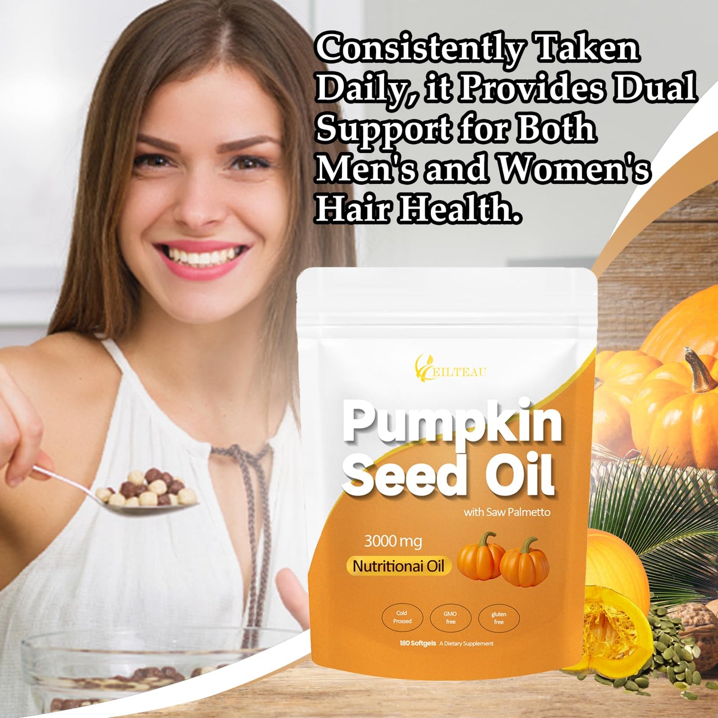 EILTEAU Pumpkin Seed Oil with Saw Palmetto - 3000mg per Serving, Cold Pressed, 180 Softgels | Non-GMO