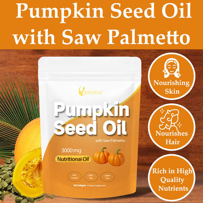 EILTEAU Pumpkin Seed Oil with Saw Palmetto - 3000mg per Serving, Cold Pressed, 180 Softgels | Non-GMO