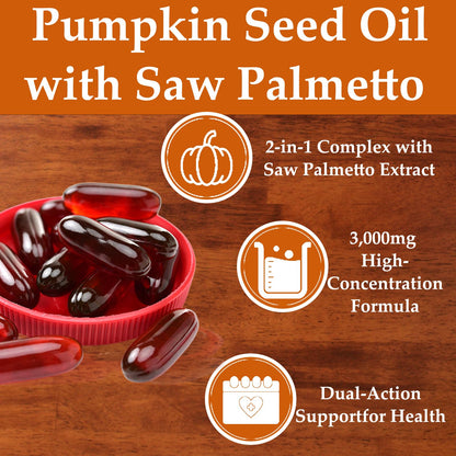 EILTEAU Pumpkin Seed Oil with Saw Palmetto - 3000mg per Serving, Cold Pressed, 180 Softgels | Non-GMO
