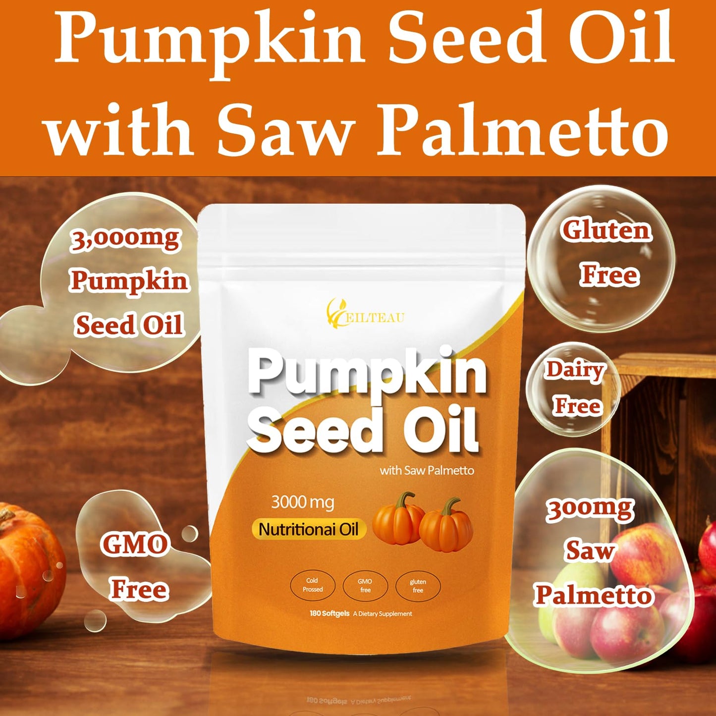 EILTEAU Pumpkin Seed Oil with Saw Palmetto - 3000mg per Serving, Cold Pressed, 180 Softgels | Non-GMO