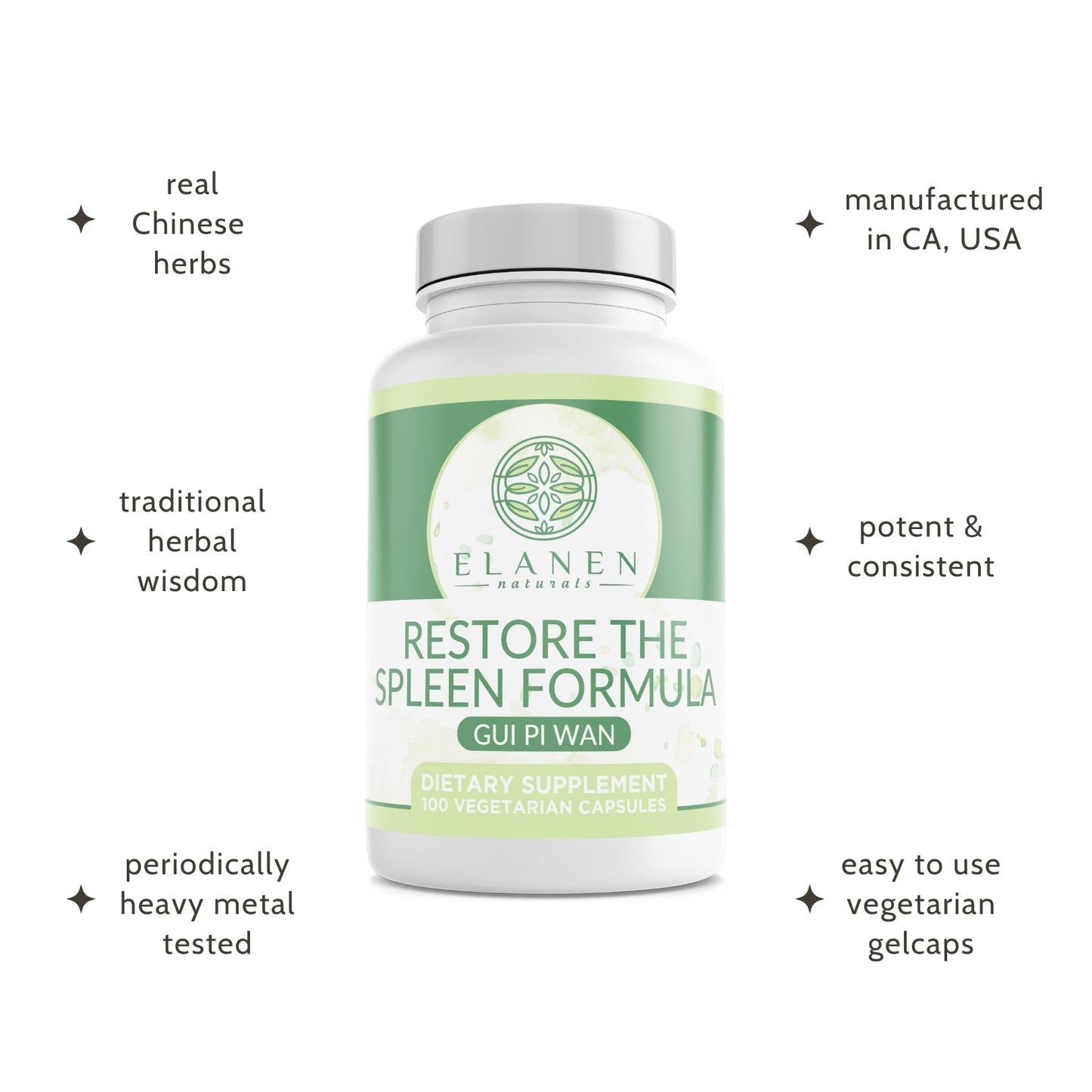 Elanen Naturals Gui Pi Wan - 3rd Party Tested - Restore Spleen & Mind - 100 Veg Capsules